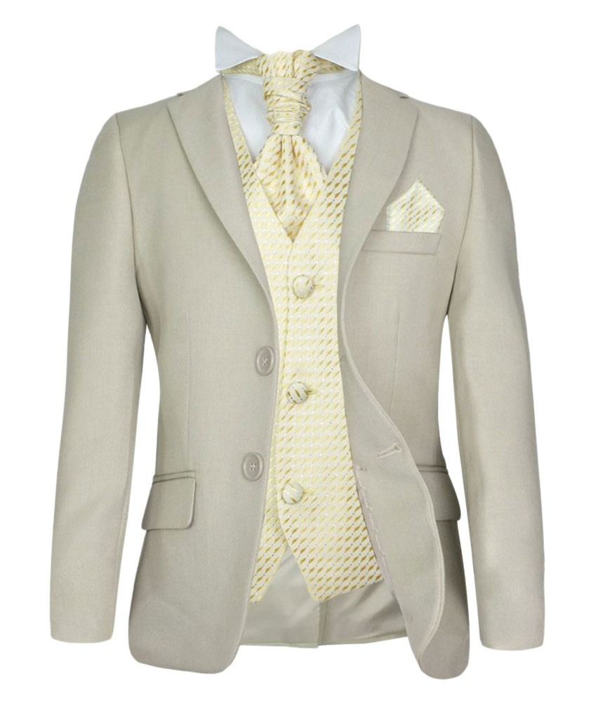Boys Beige Suit with Patterned Waistcoat and Cravat Set 
