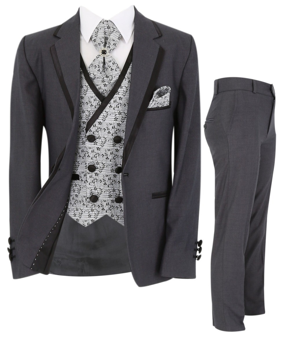 Boys Slim Fit Piping Grey Suit with Floral Waisctoat Set - Grey