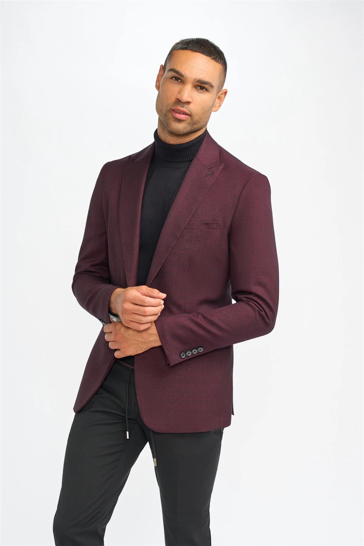 Men's Slim Fit Tweed Check Suit Jacket - CARIDI WINE