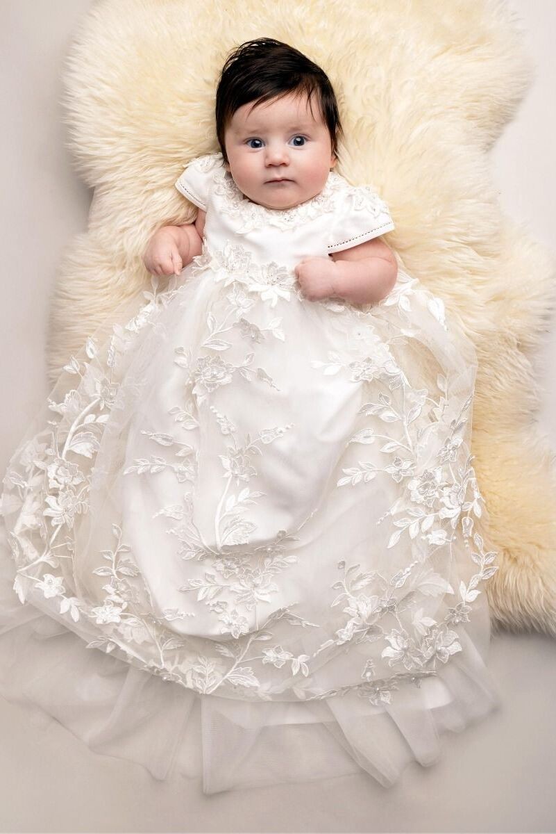 Baby Girls Floral Lace Off White Christening Gown - KRYSTAL