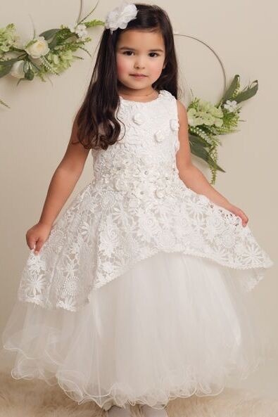 Girls Ivory Flower Lace Overlay Tulle Dress - RUBY