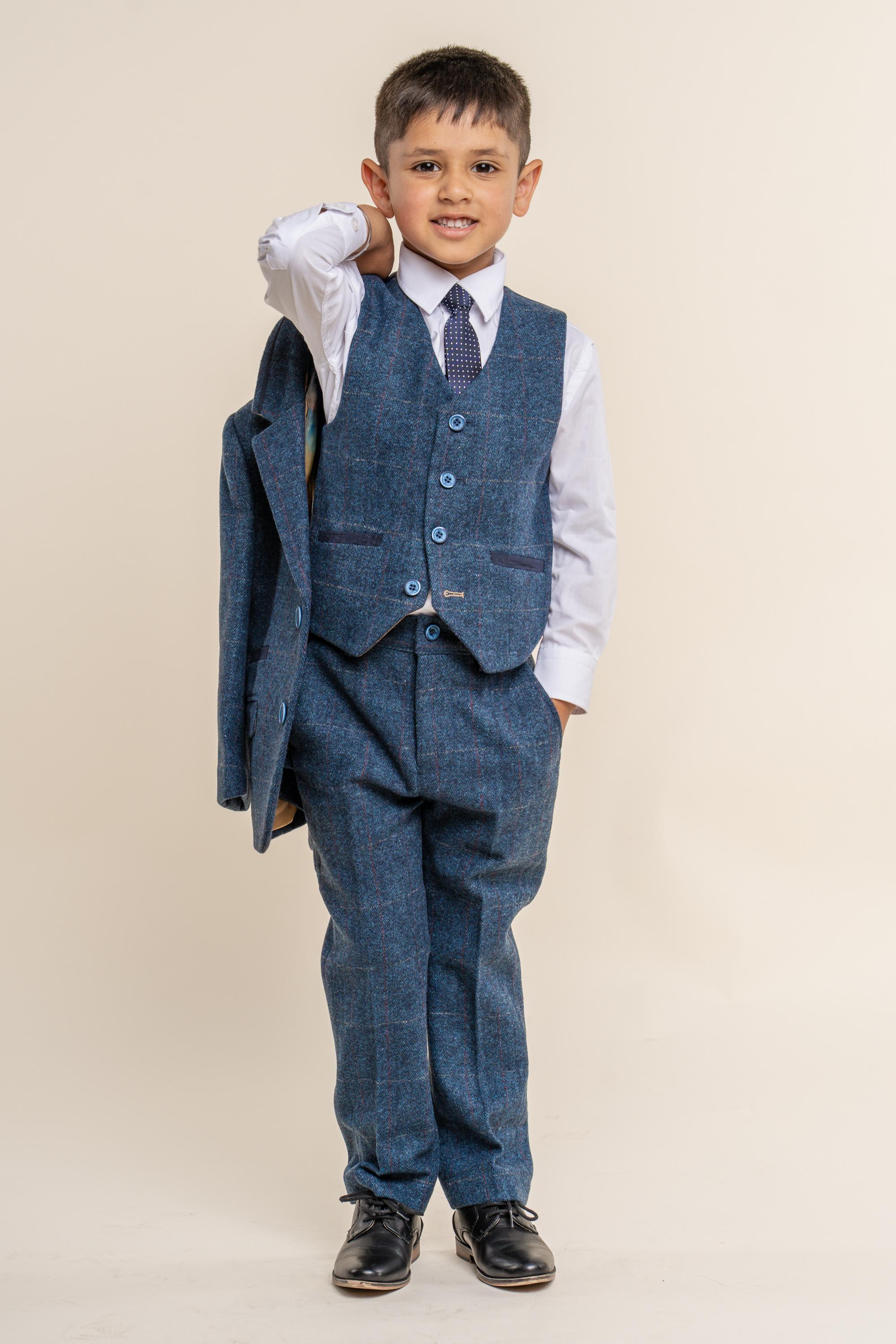 Boys Slim Fit Herringbone Tweed Blue Suit - CARNEGI