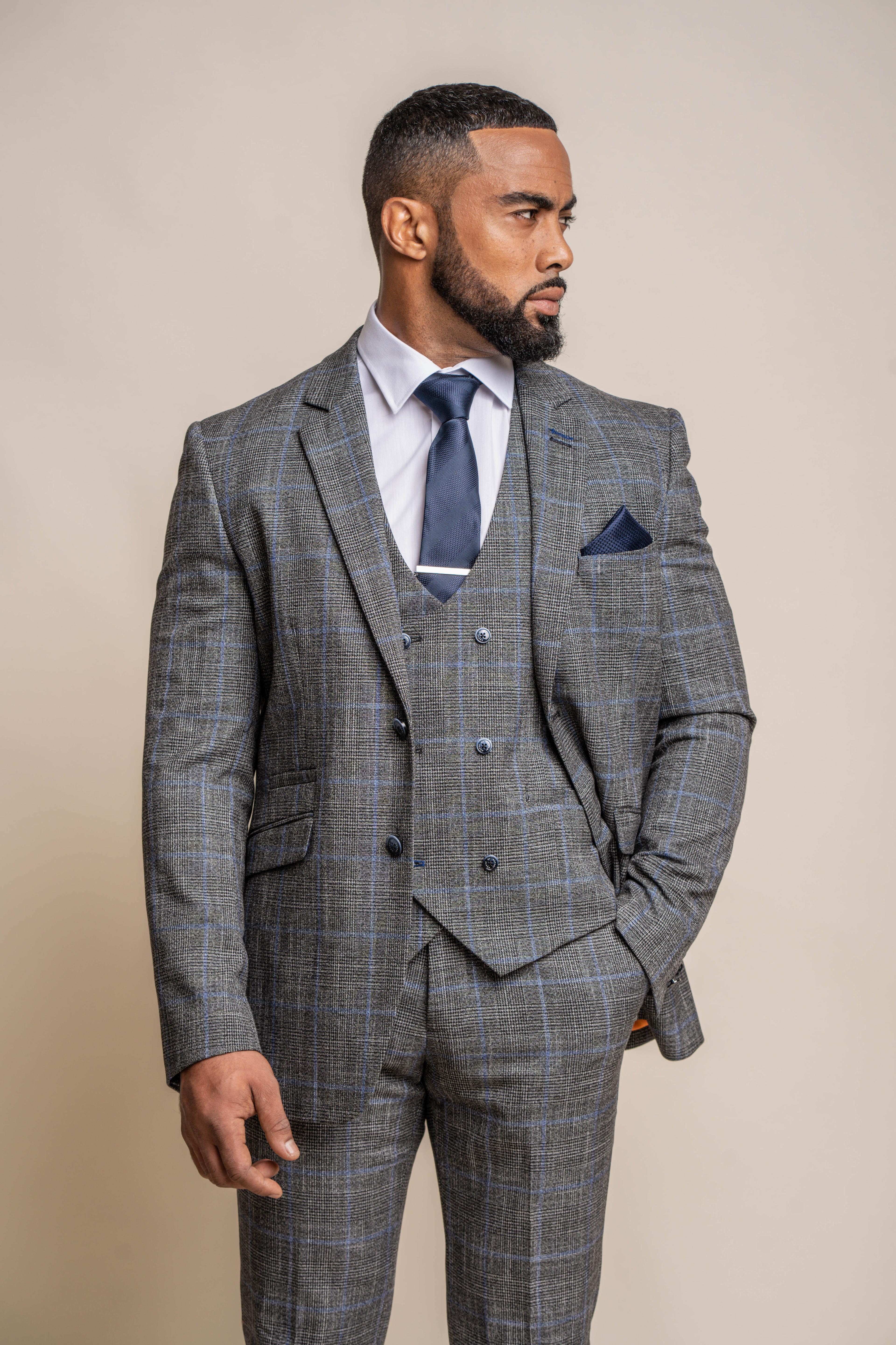 Men's Tweed Retro Check Grey Suit Jacket - POWER