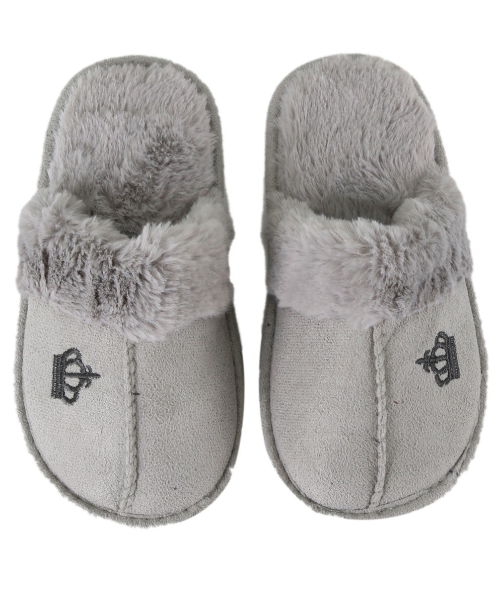 Boys Slip On Fur Grey Slippers - Crown - Grey