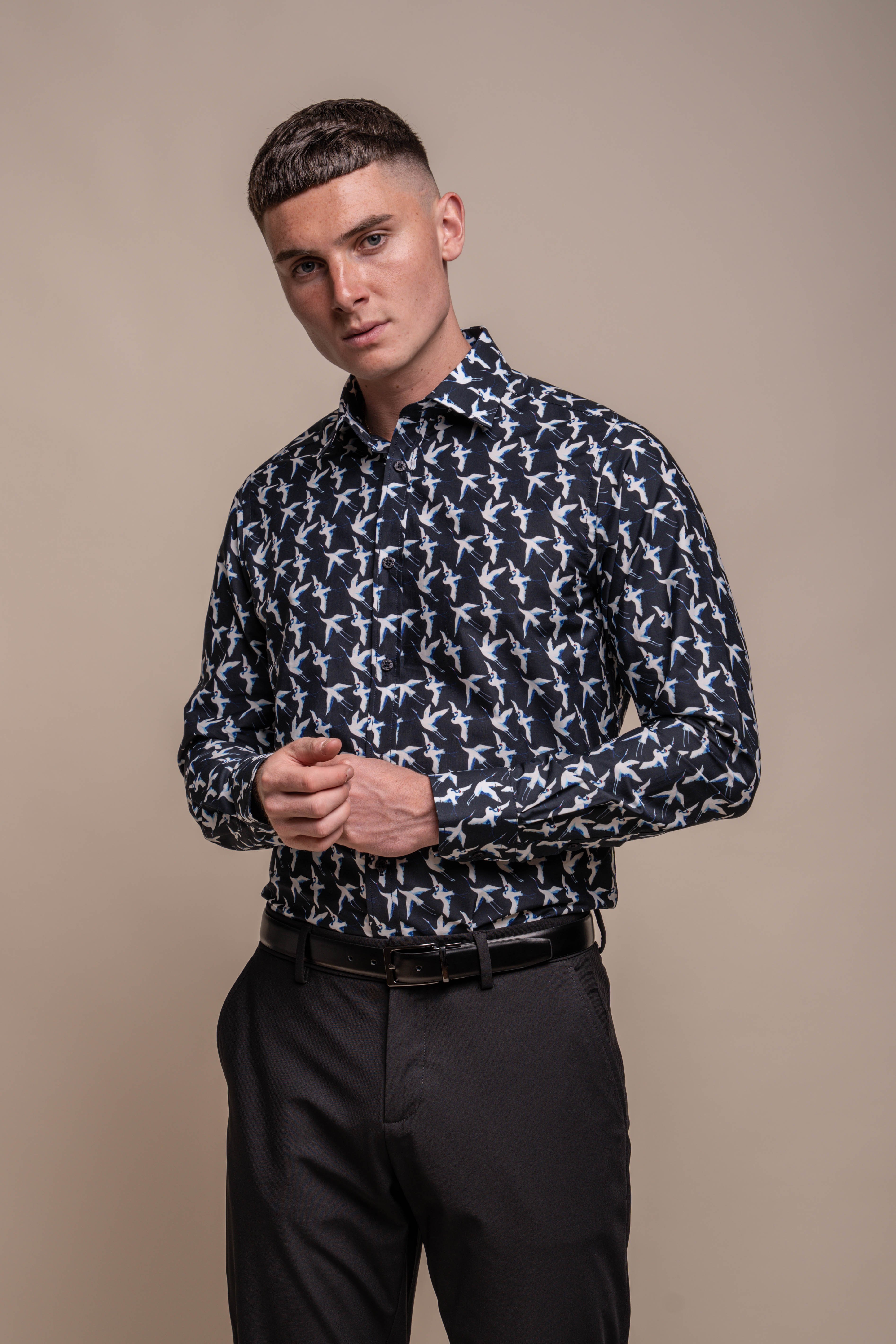 Men's Cotton Bird Pattern Long Sleeve Shirt - Blue Black