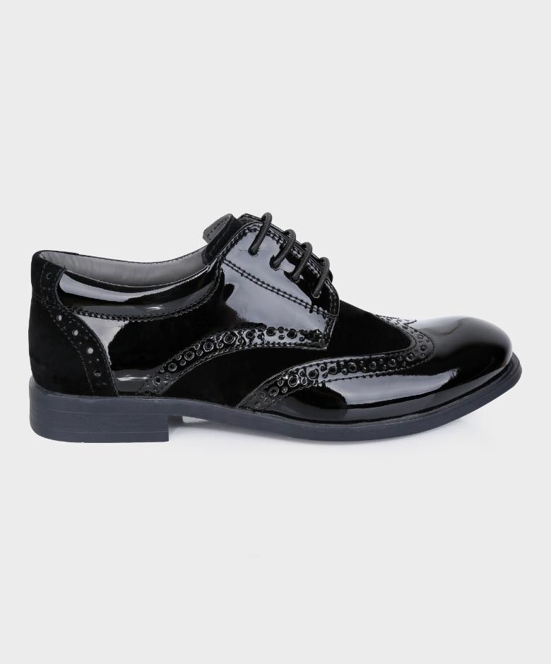 Boys Patent Leather & Suede Lace Up Brogue Derby Shoes - Black