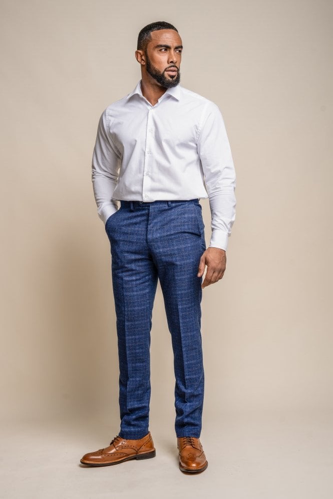 Men's Tweed Check Navy Slim Fit Trousers - KAISER