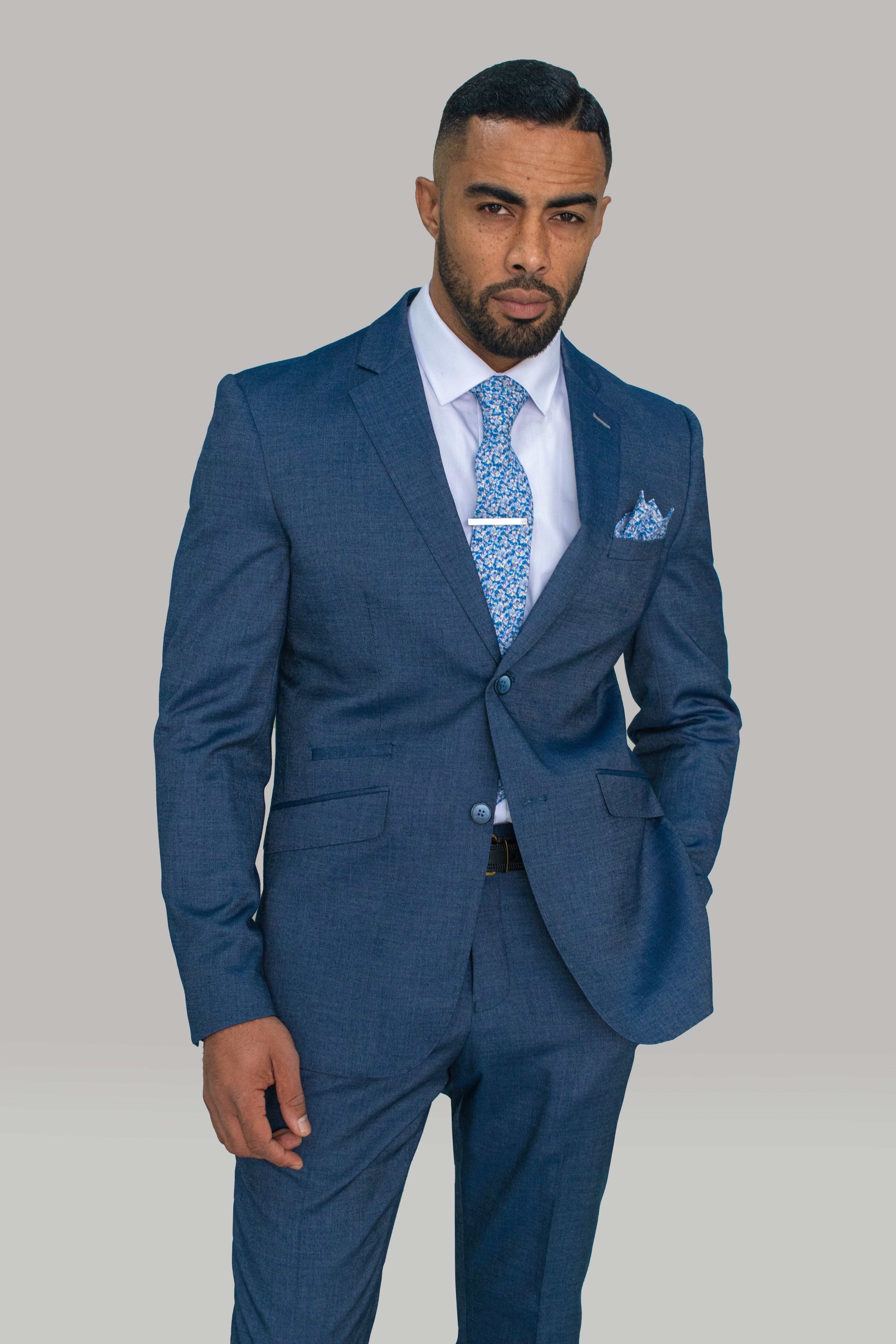 Men's Denim Look Slim Fit Formal Suit - STEELE Blue - Steel Blue