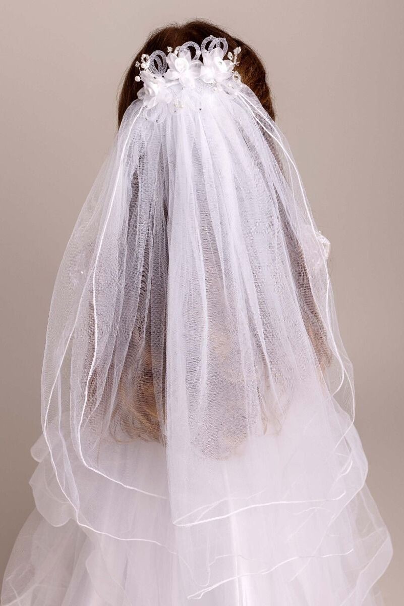 Girls White Floral & Pearl Tulle Veil - CMV-2331