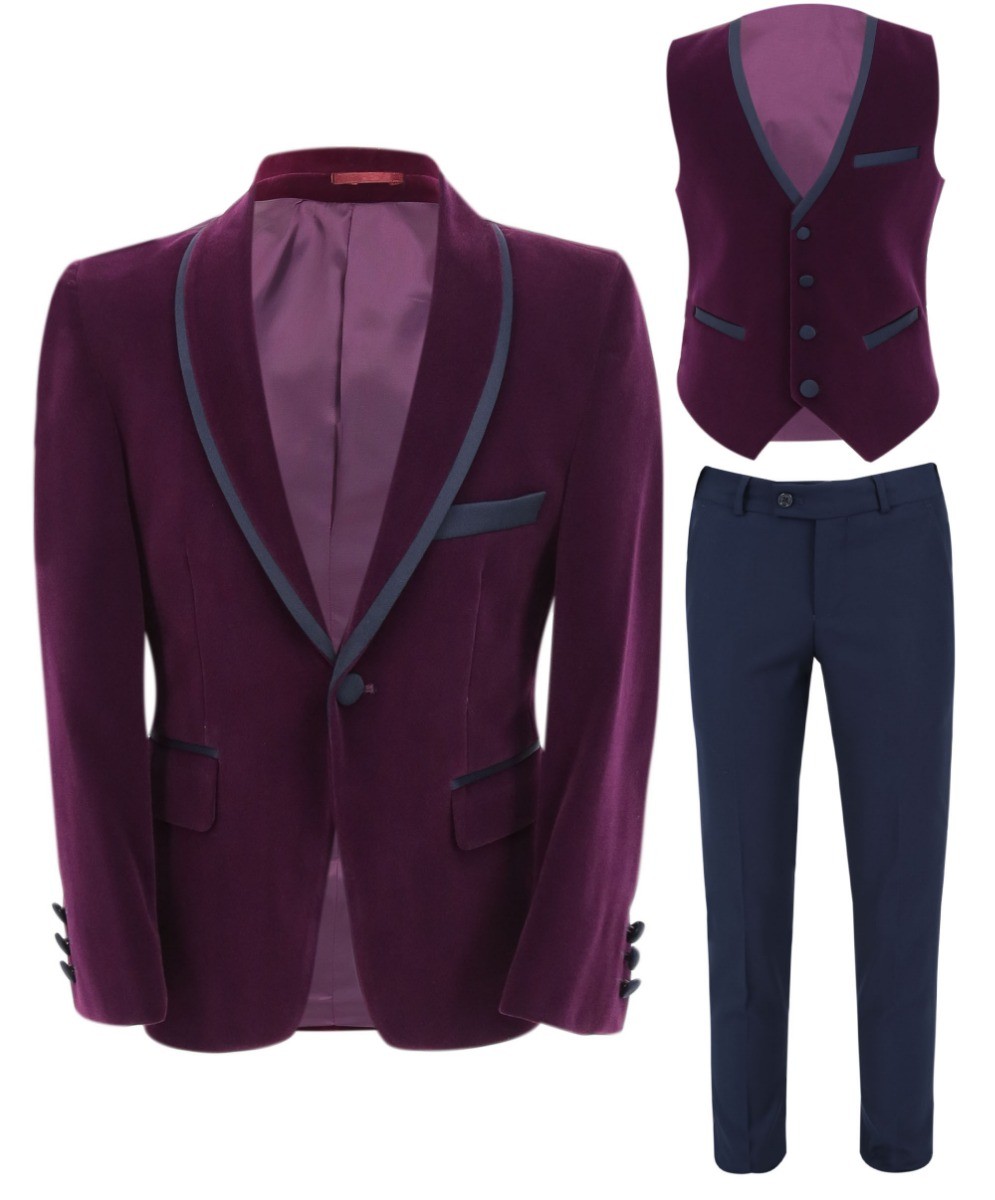 Boys Slim Fit Piping Velvet Tuxedo Suit - LONDON - Purple