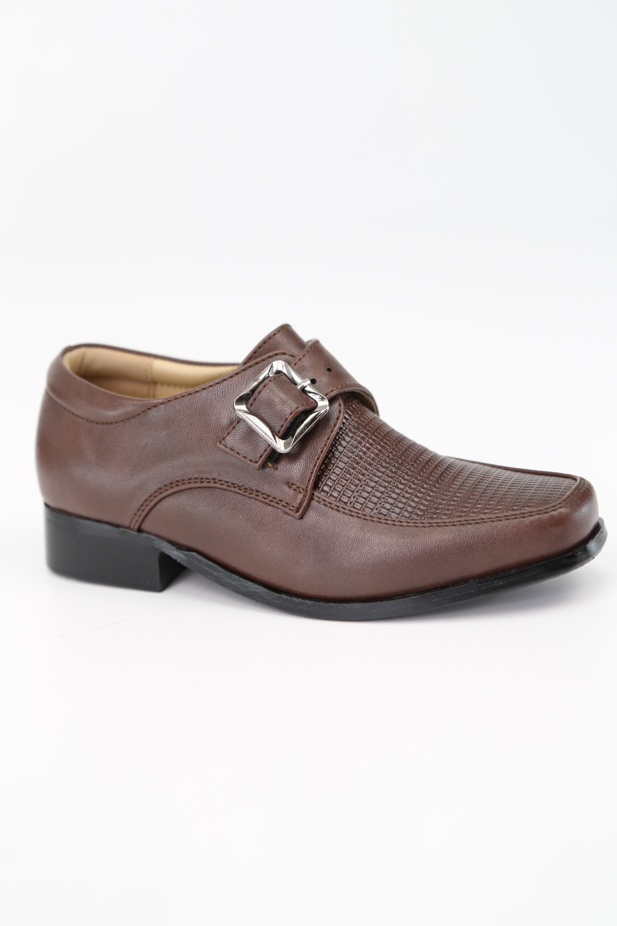 Boys Textured Leather Buckled Monk Shoes - Brown