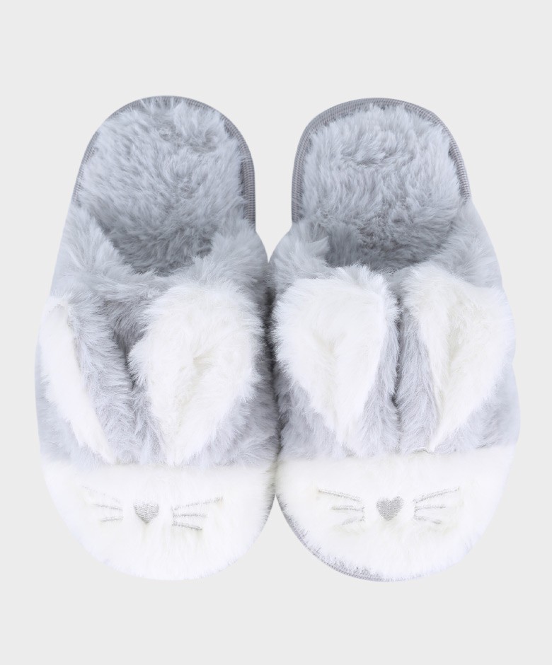 Girls Plush Bunny Fur Slippers  - Grey