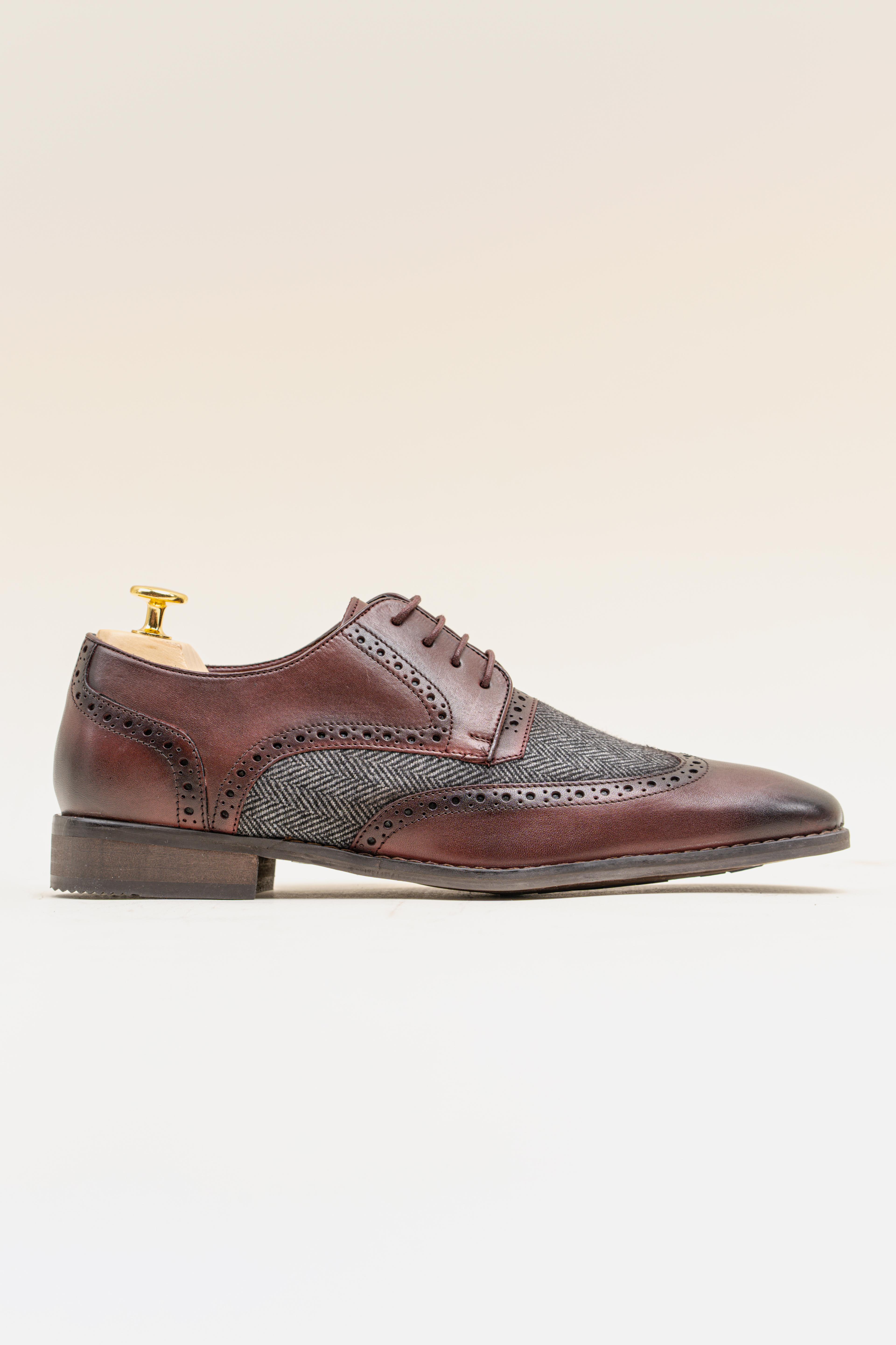 Men's Genuine Leather & Tweed Brogue Shoes - FARO - Burgundy