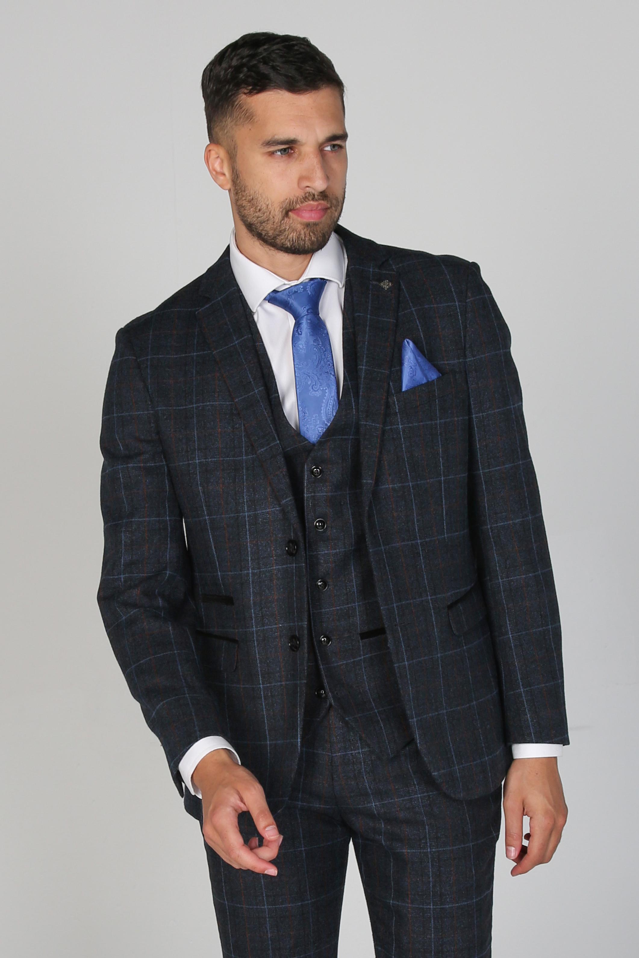 Men's Windowpane Tailored Fit Suit- HARVEY - Navy Blue