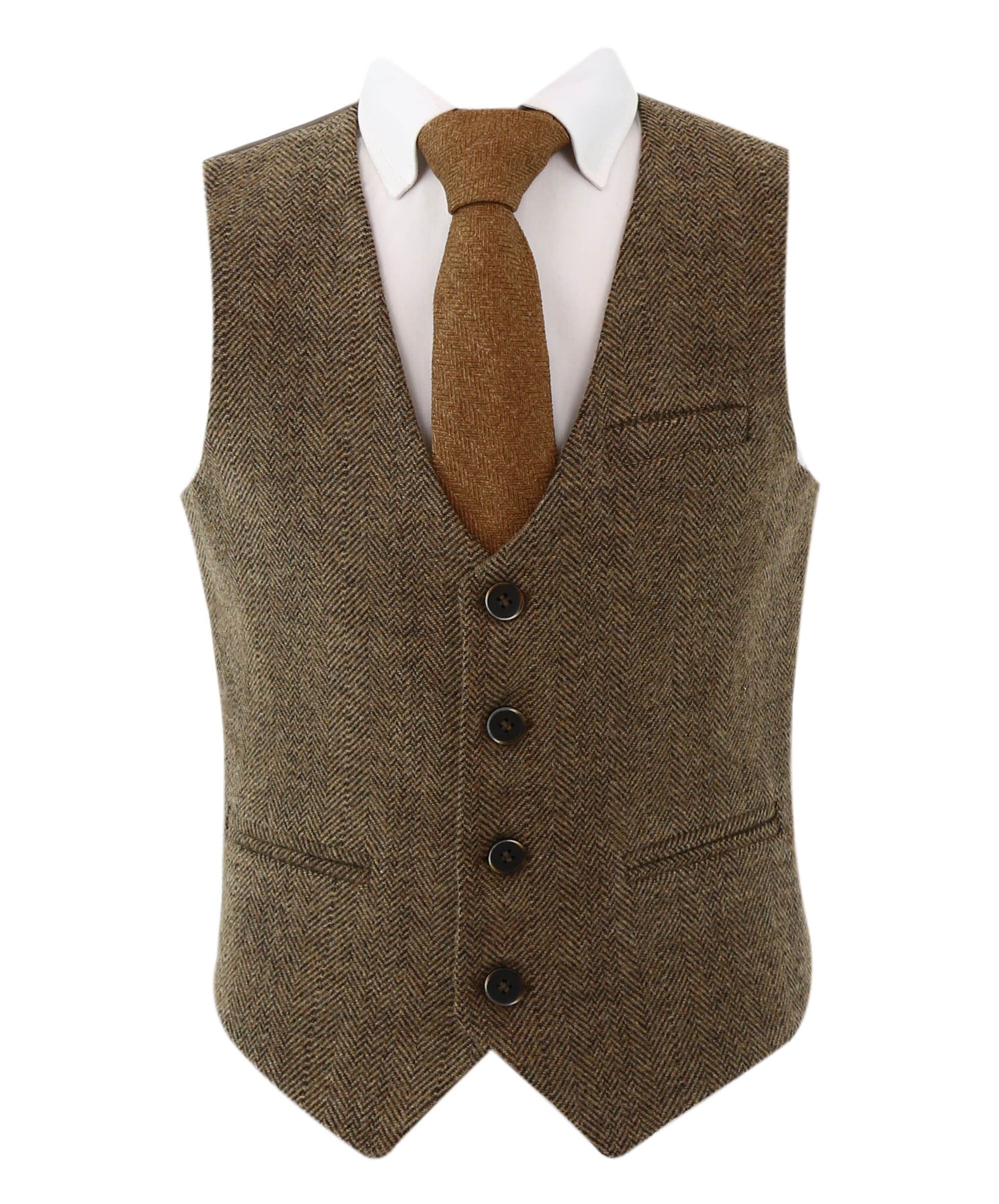 Boys Herringbone Tweed Waistcoat Suit - Brown