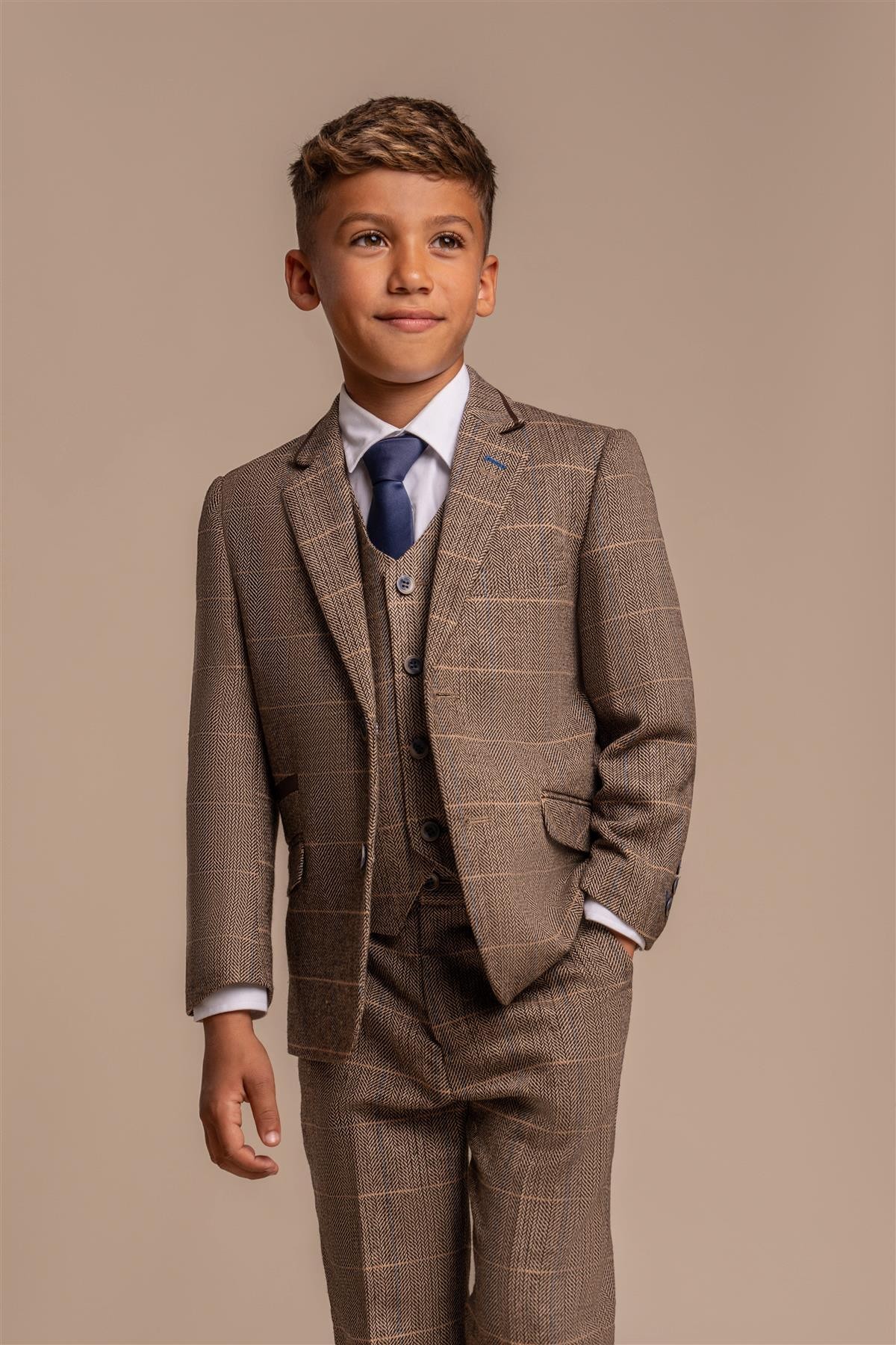 Boys Wool Blend Herringbone Check Suit - ALBERT - Brown