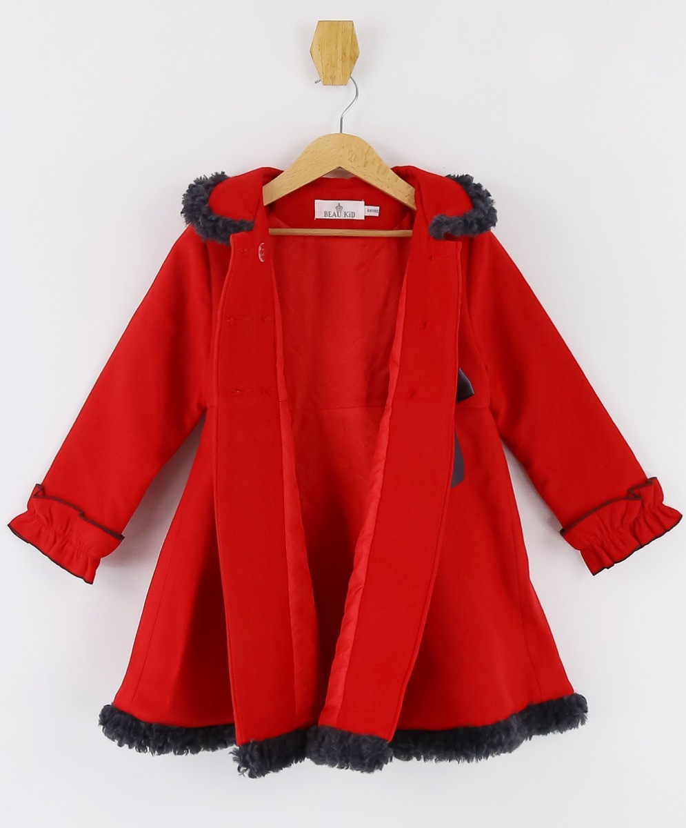 Girls Double-breasted Mid-Length Felted Wool Coat Set - Red