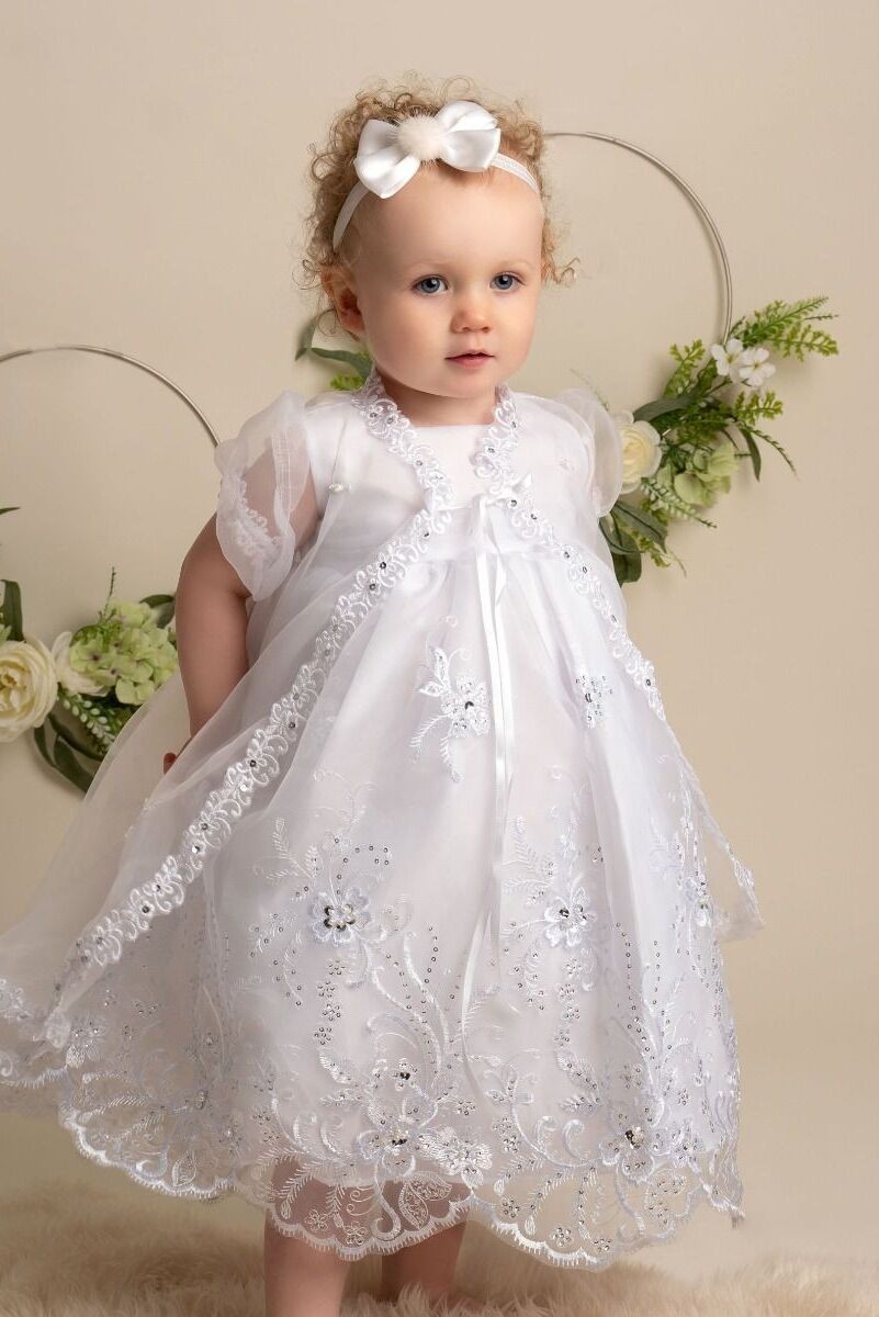 Baby Girls Sequin & lace Christening White Dress Set - 396