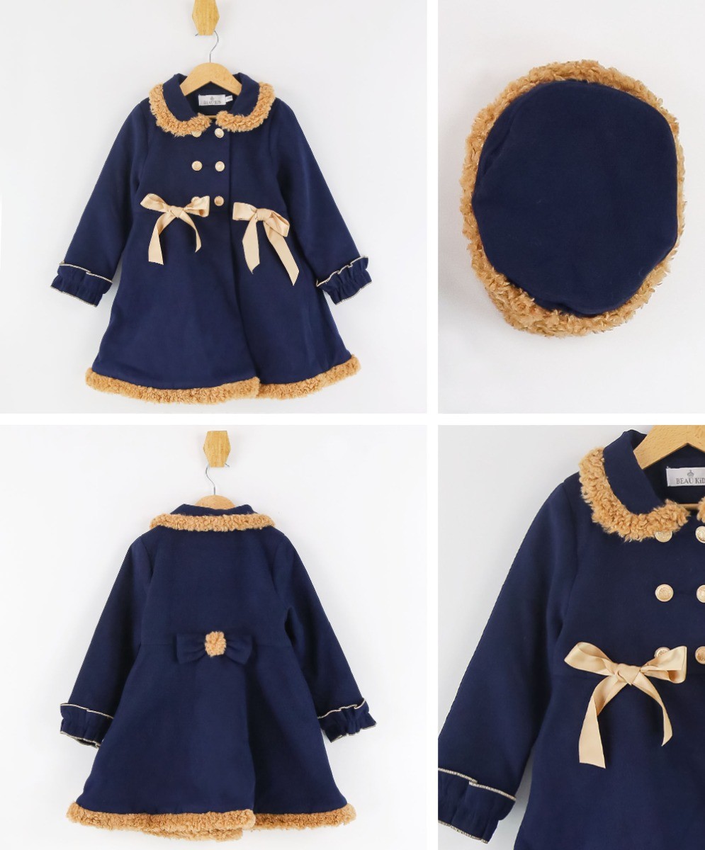 Girls Double-breasted Mid-Length Felted Wool Coat Set - Navy Blue