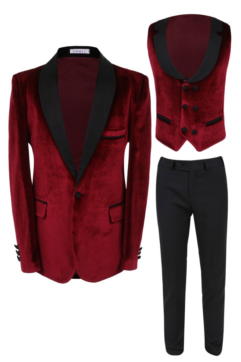 Boys Velvet Tuxedo 5 Piece Dinner Suit - Burgundy and Black