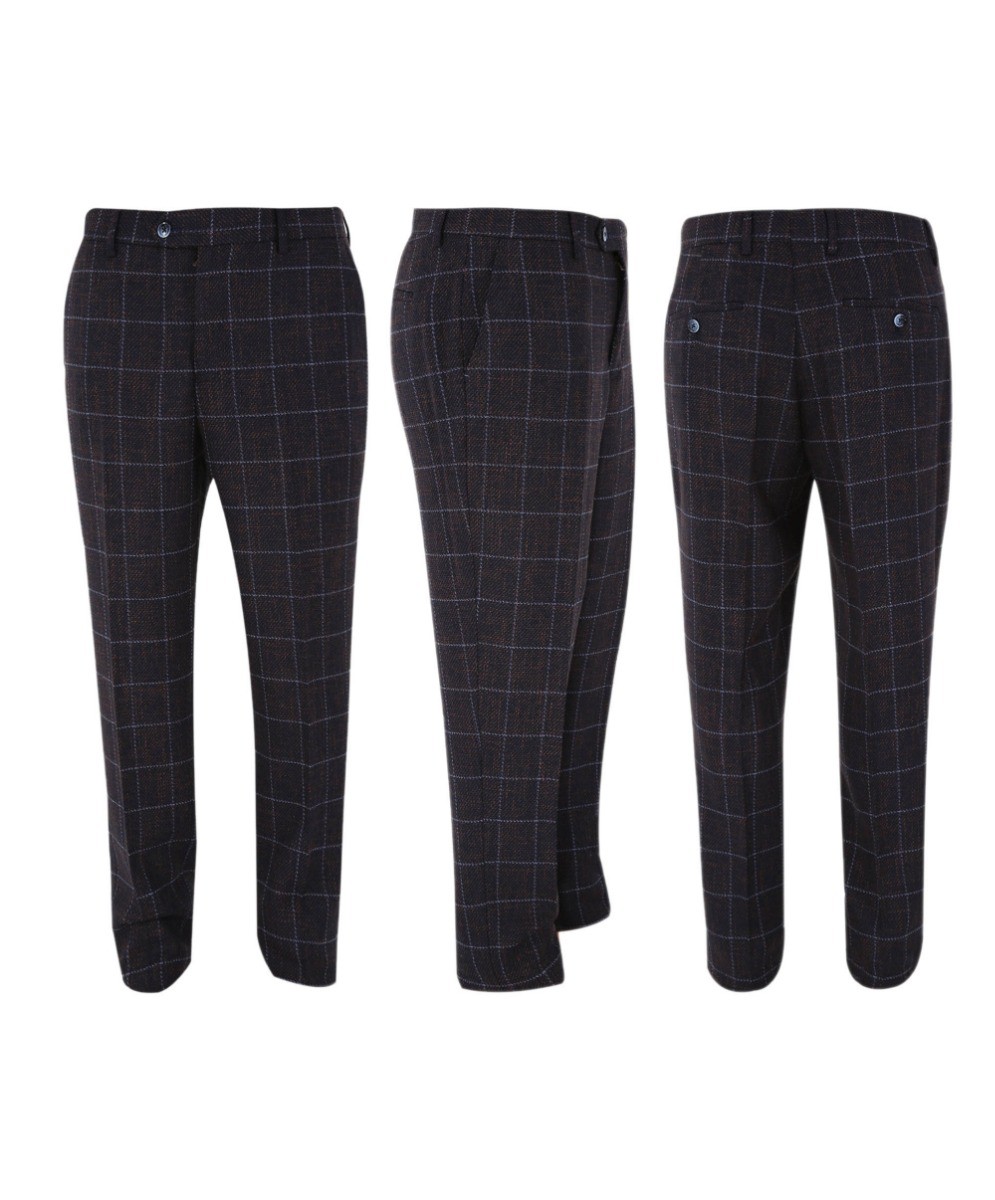 Men's Tweed Check Slim Fit Formal Trousers - KERBER - Dark Brown