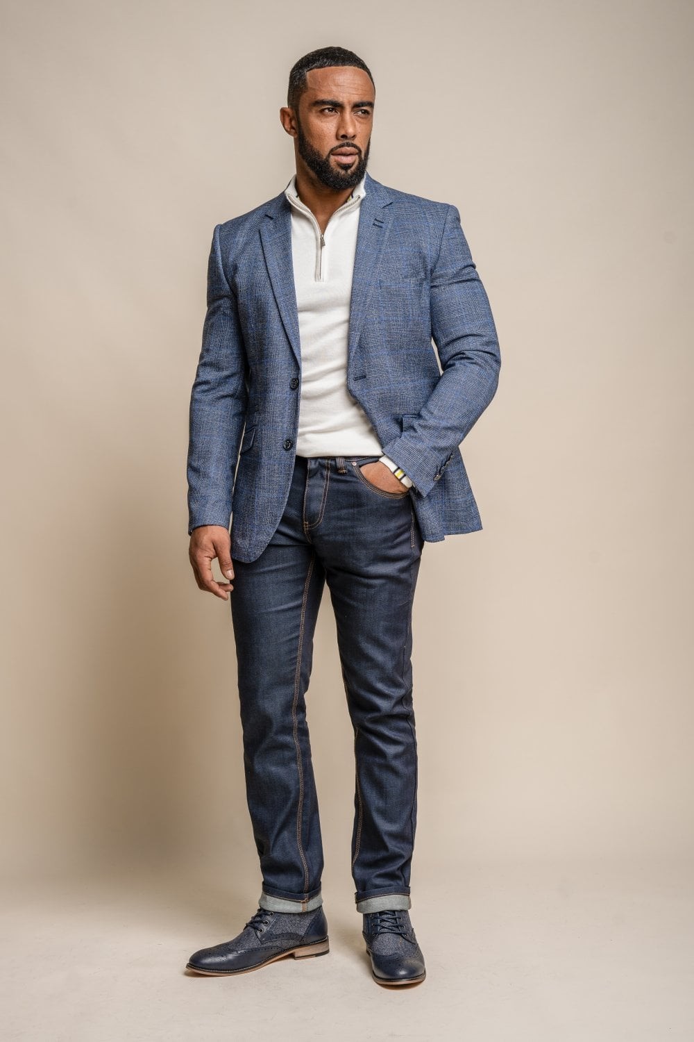 Men's Check Slim Fit Blue Suit Jacket - PHANTOM