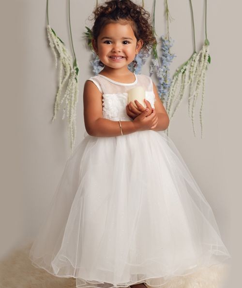 Girls Ivory Floral Appliqué Dress with Glitter Tulle - JESSICA