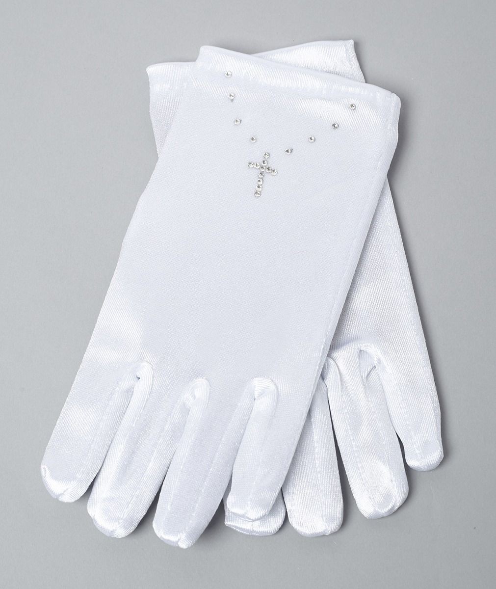 Girls' White Satin Gloves with Rhinestone Cross - JASMINE