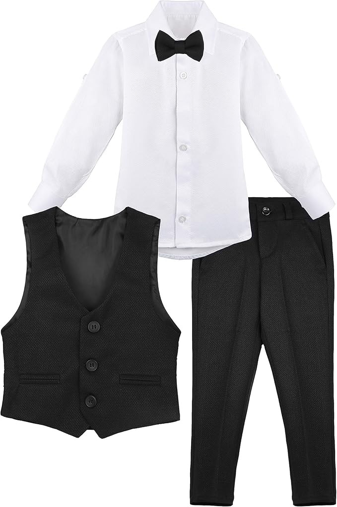 Boys' Slim Fit Textured Waistcoat Suit Set, Formal Outfit