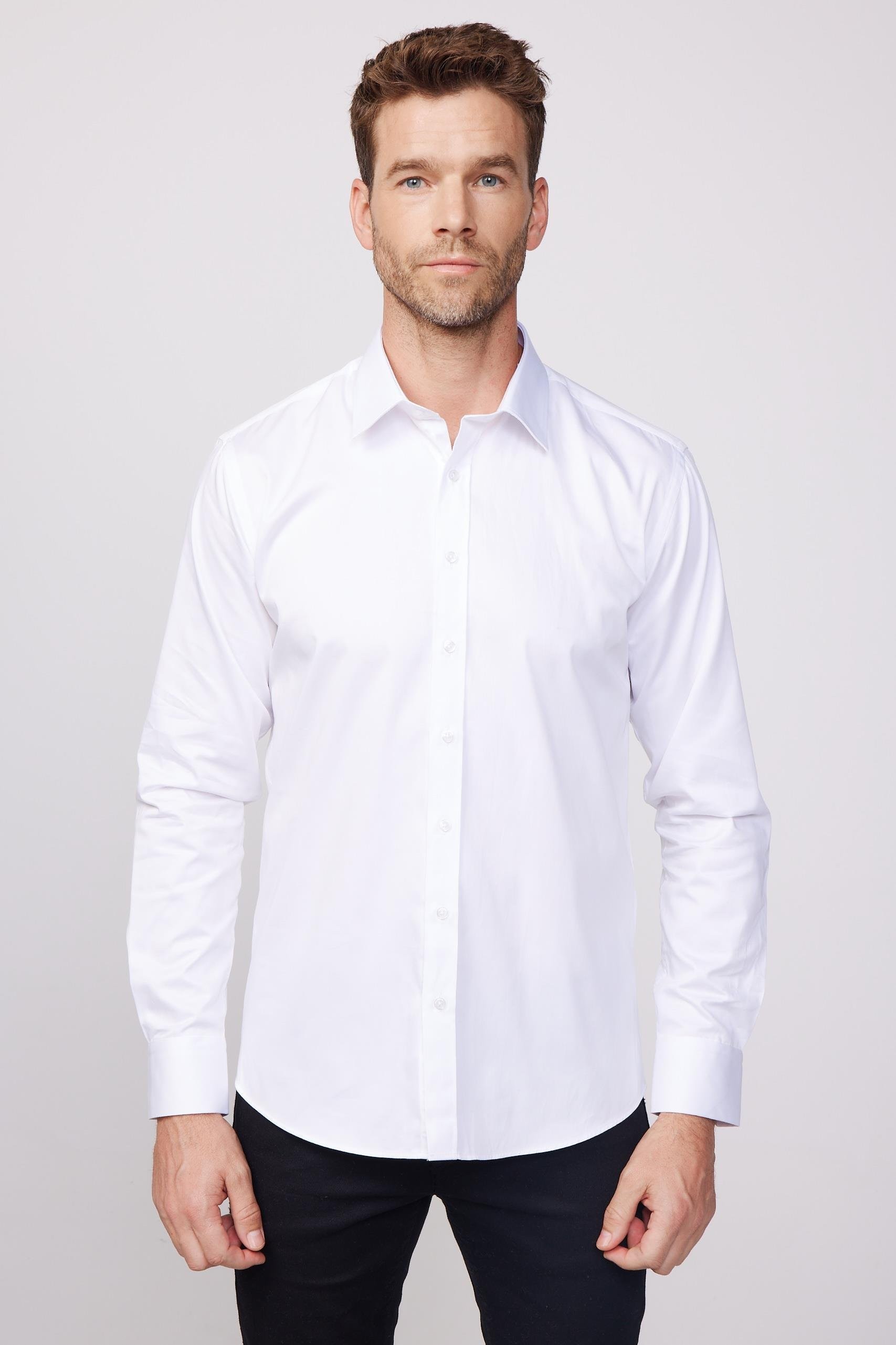 Men's Slim Fit Cotton Satin White Dress Shirt 