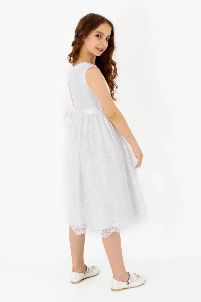 Girls Sleeveless Lace Embroidered Dress - White
