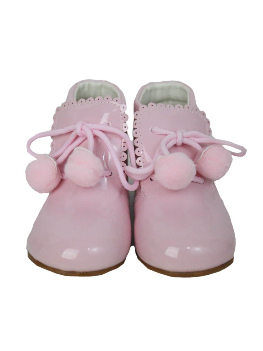 Baby Girls Pom Pom Patent Booties - Pink
