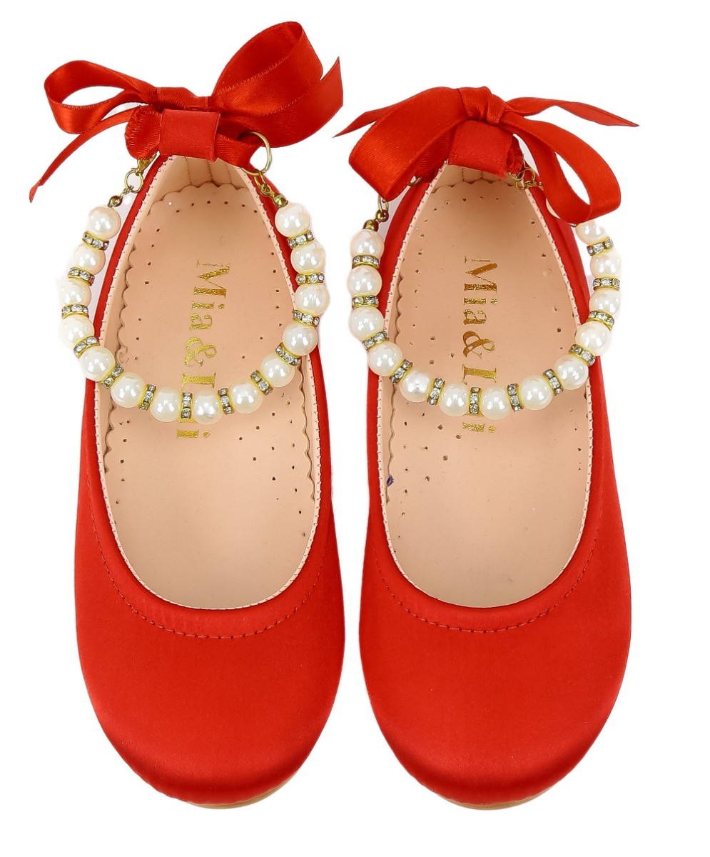 Girls Pearls Flat Mary Jane Shoes - ISABEL - Red