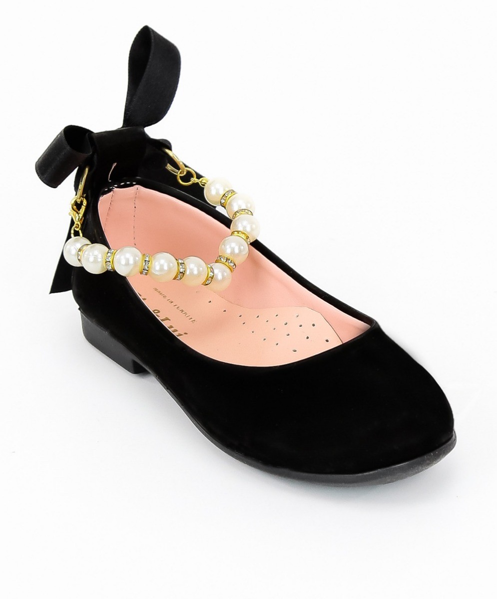 Girls Pearls Flat Mary Jane Shoes - ISABEL - Black