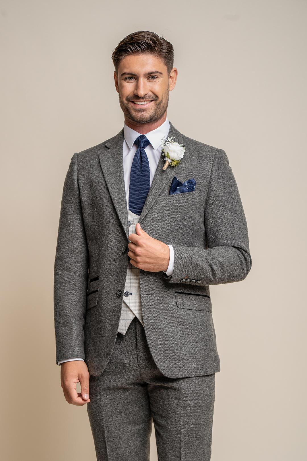 Classic Slim Fit Mens Grey Tweed Suit With Radika Check Waistcoat 3 Piece Martez Sirri