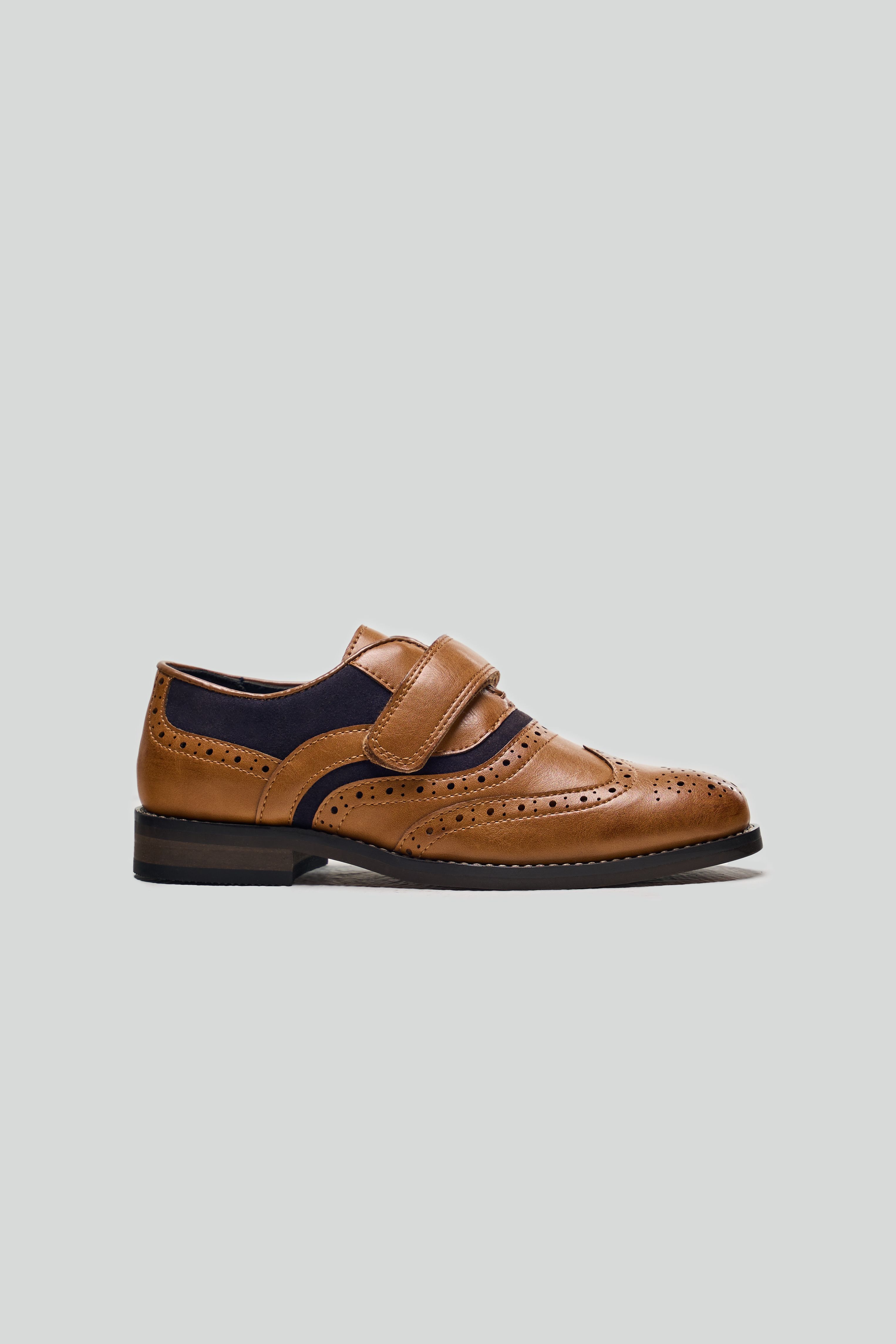 Boys Velcro Oxford Brogue Dress shoes - RUSSEL - Tan Brown - Navy Blue