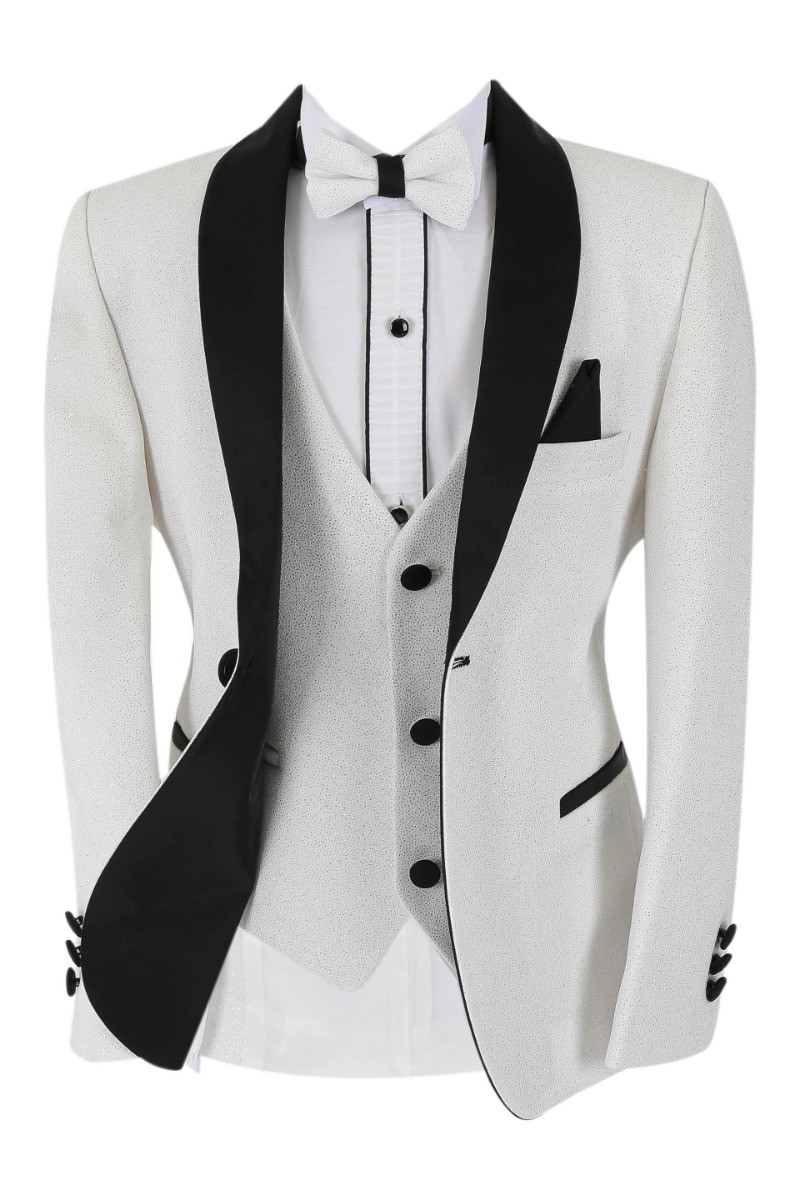 Boys Shimmer Tuxedo Dinner 6 Piece Suit Set - White