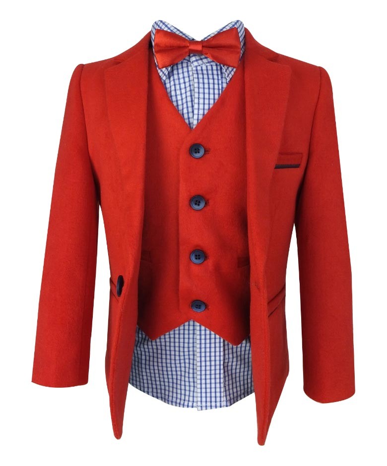 Boys Soft Suede Red Suit Set with Elbow Patches - Red -Blue