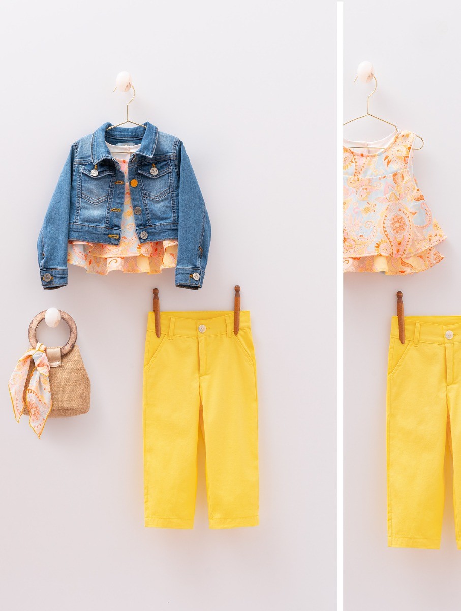 Girls Spring and Summer Casual Set - MIALIA - Multicolored top, Yellow Trousers & jeans Jacket
