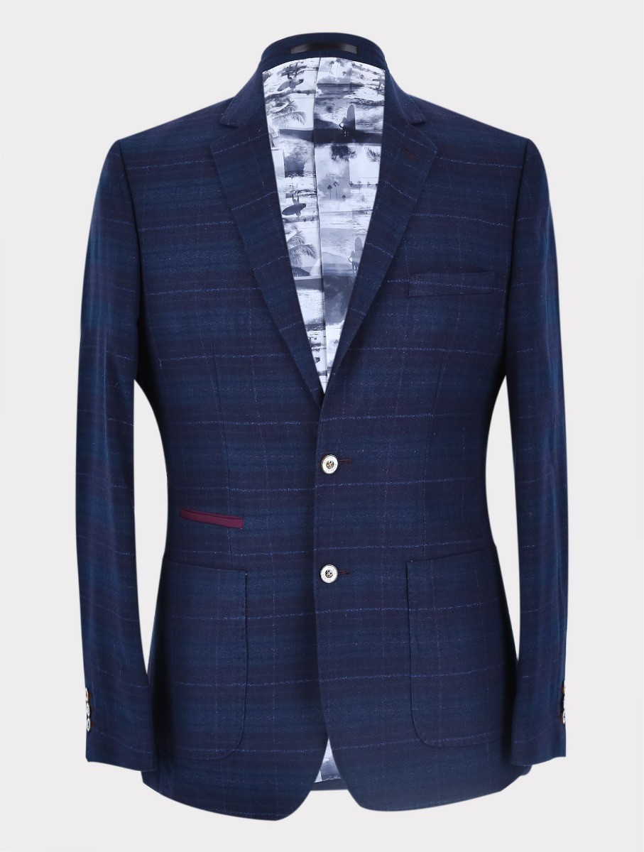 Men's Tweed Check Slim Fit Dark Blue Blazer - COSTELLO