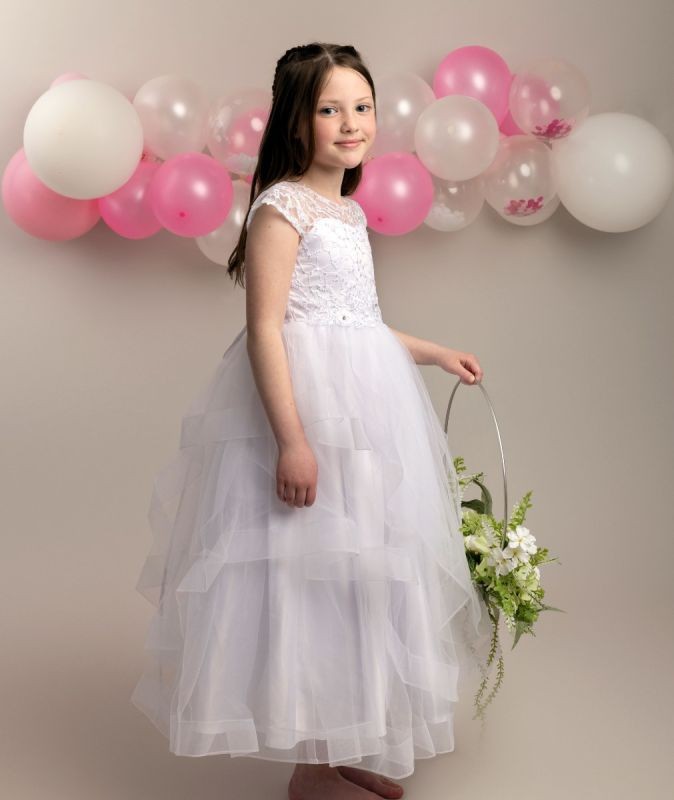 Girls White Layered Tulle Dress with Corset Back - TERRESA