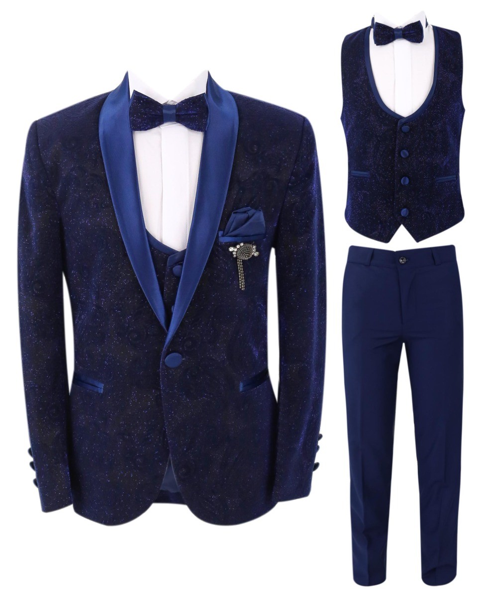 Boys Shimmer Slim Fit Navy Blue Tuxedo Suit - Navy Blue