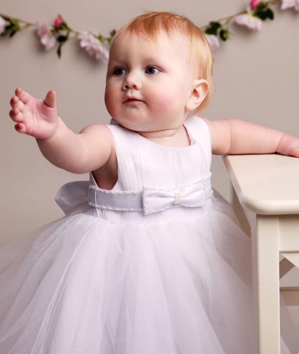 Baby Girls Pleated Bodice Christening Dress - CINDY - White