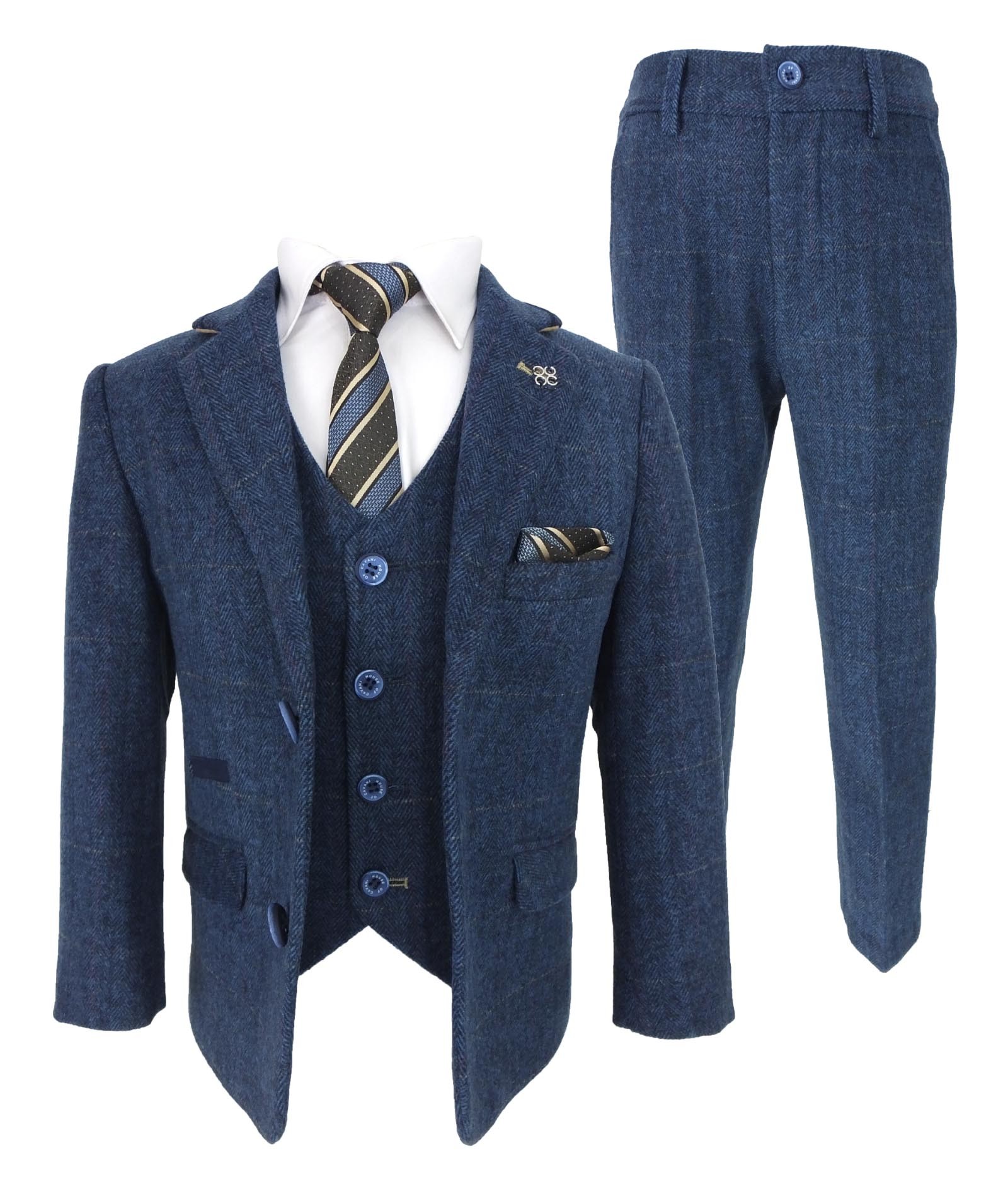 Boys Slim Fit Herringbone Tweed Blue Suit - CARNEGI