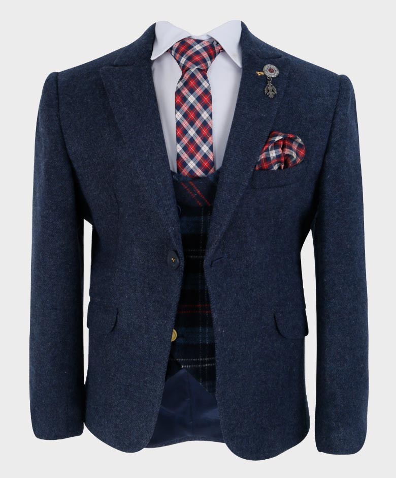 Boys Tailored Fit Blazer Waistcoat Set - Cashmere - Navy Blue