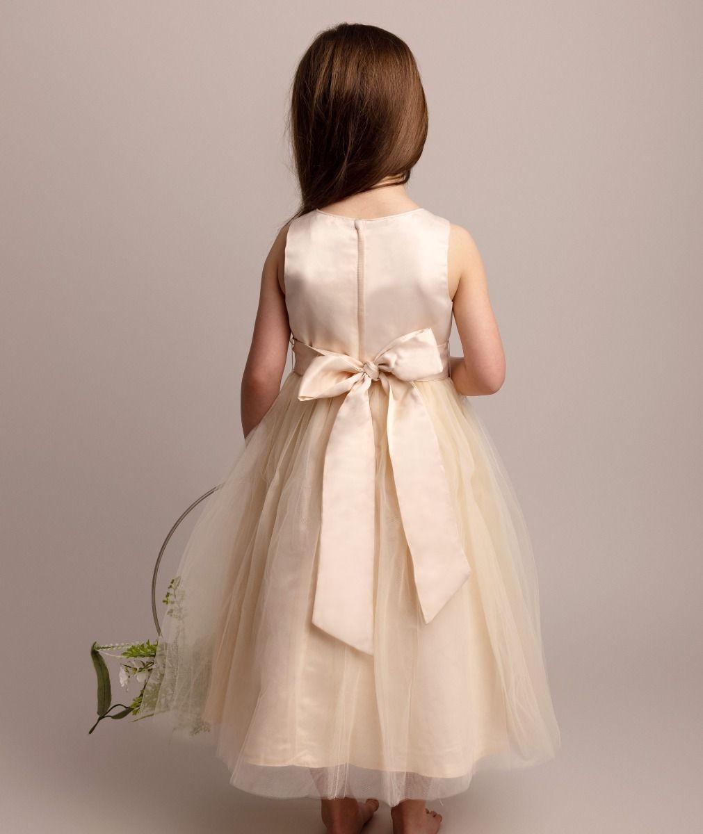 Flower Girl Dress with Tulle Skirt & Bow - HILARY - Champagne