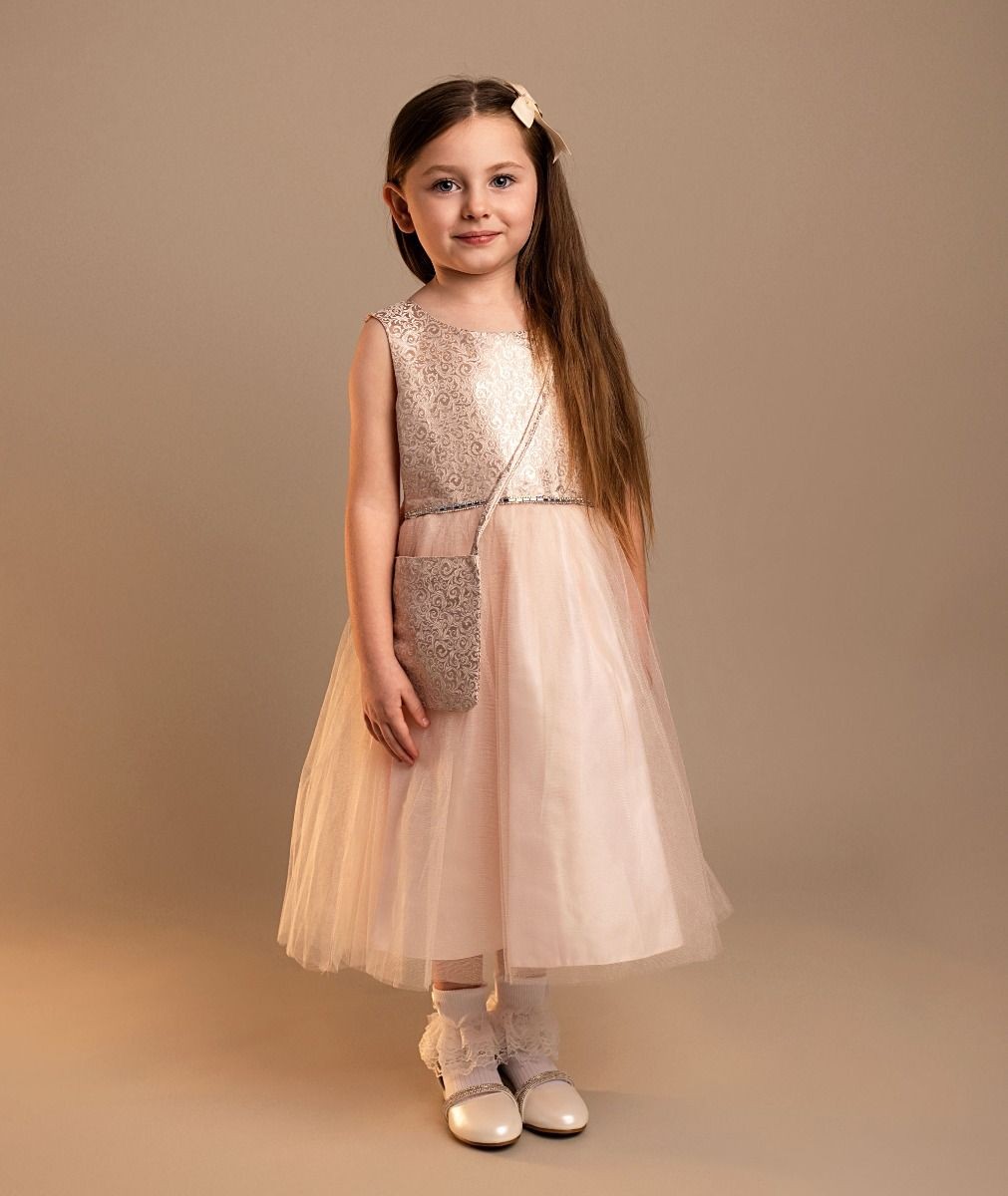 Girls’ Blush Pink Jacquard Tulle Dress & Bag Set  - Rhea