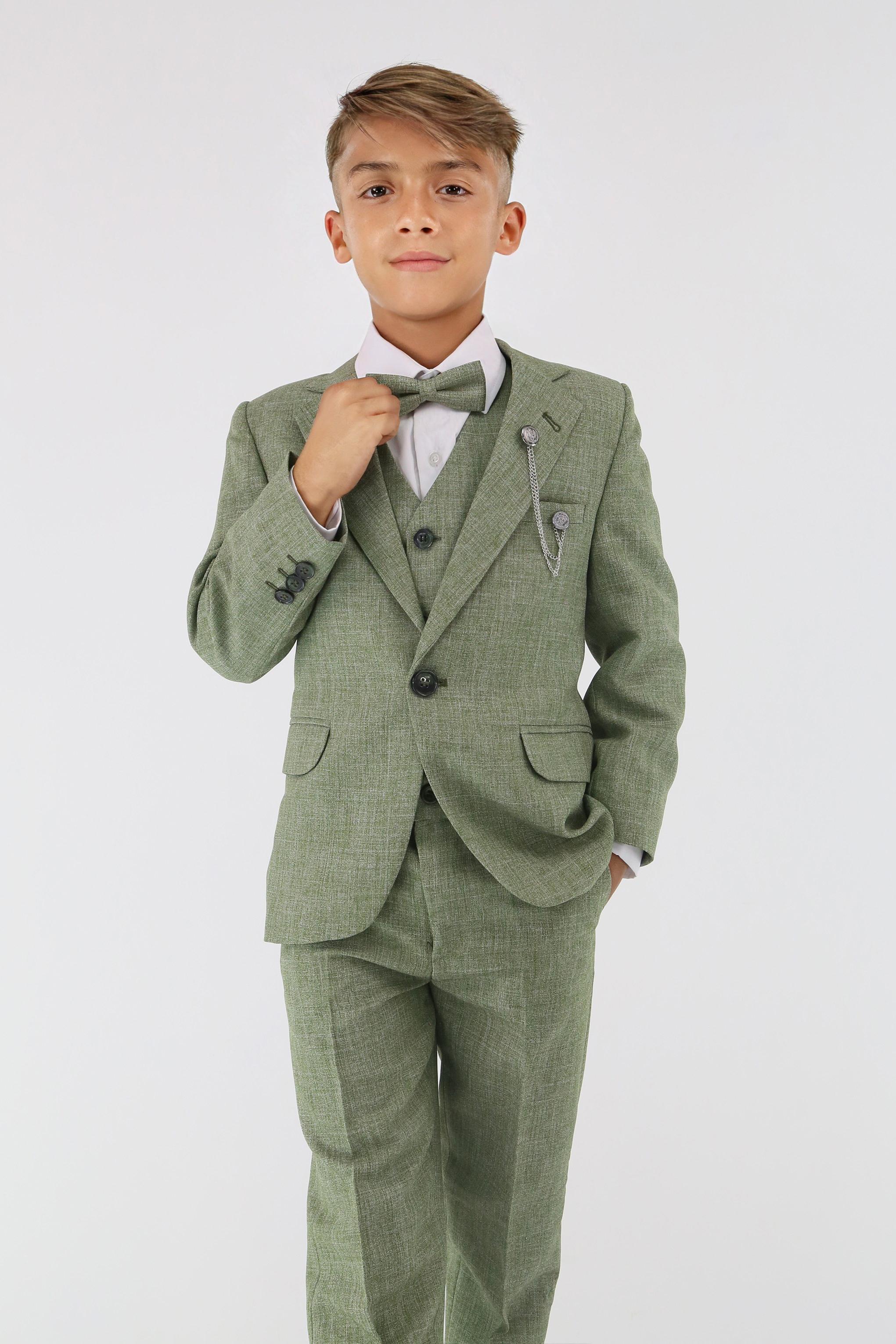 Boys Slim Fit Textured 6-Piece Formal Suit Set - Khaki Green