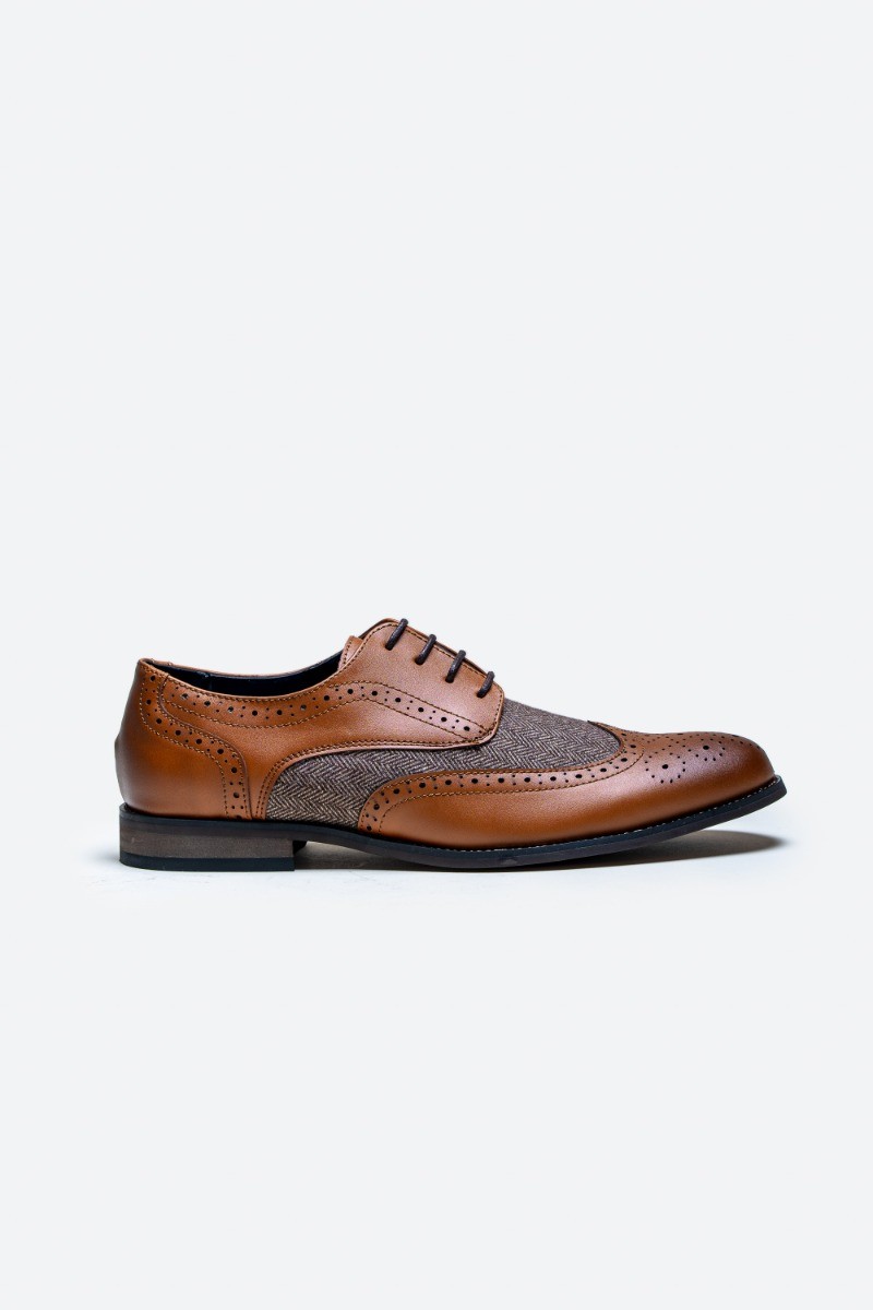 Men's Leather Tweed Retro Derby Brogue Shoes - Oliver - Tan Brown
