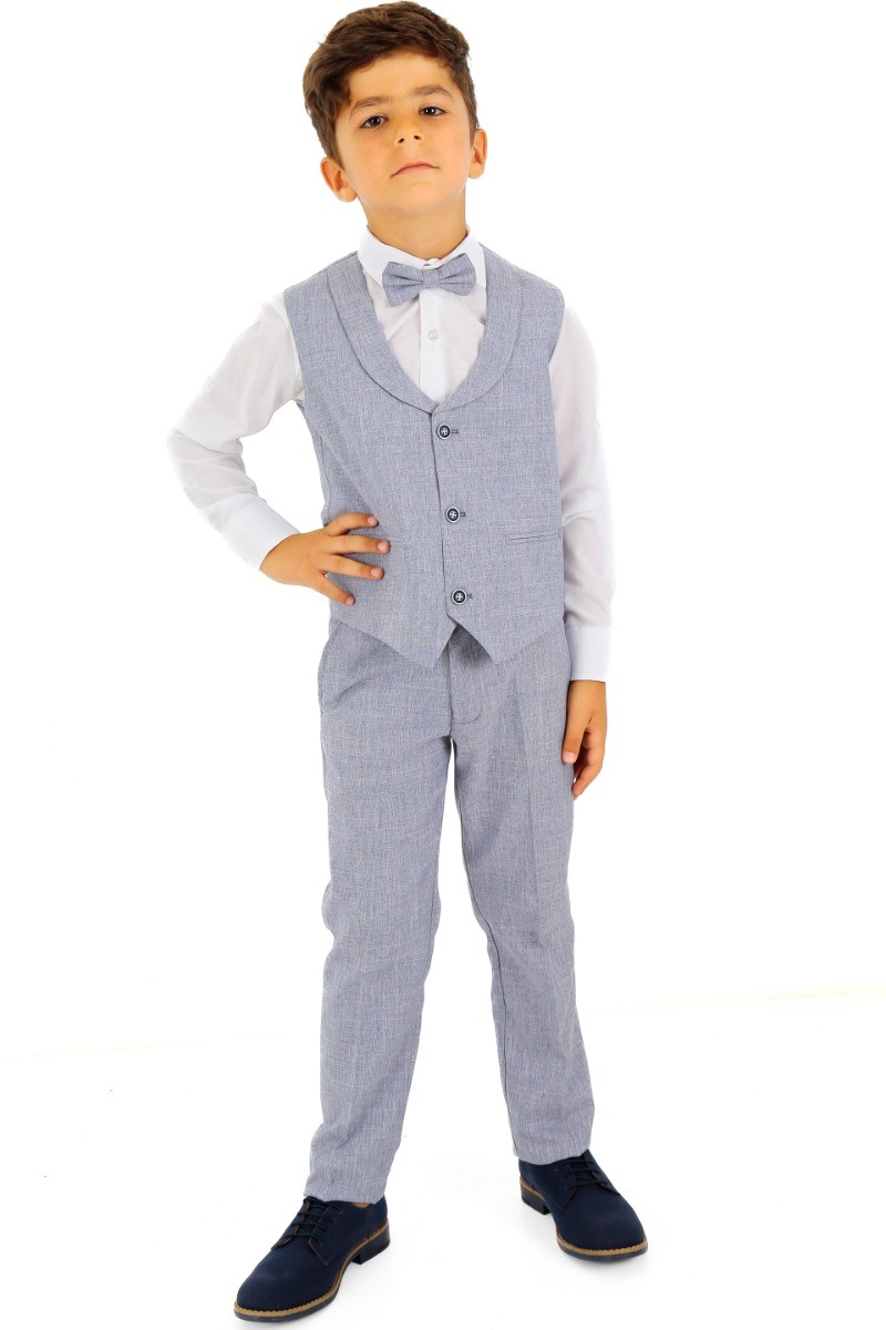 Boys Linen Waistcoat Suit Set - Navy Blue